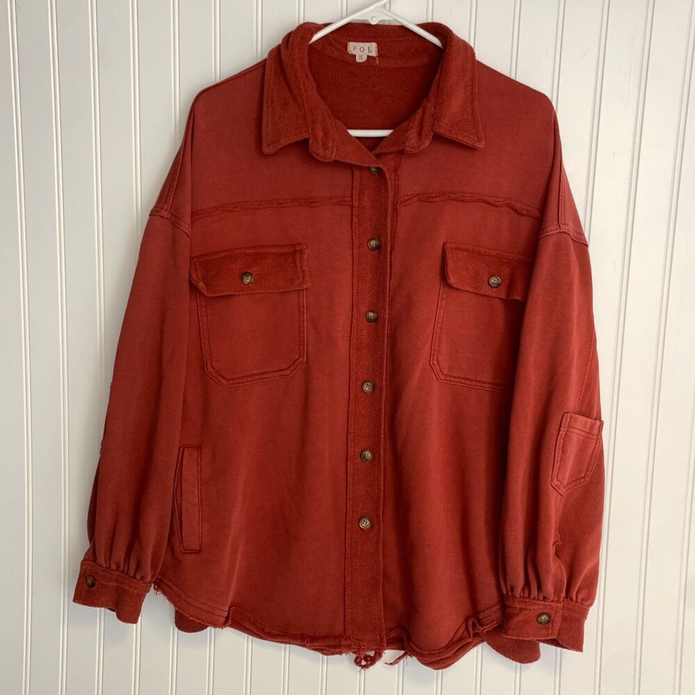 POL Fleece Button Up Shirt Shacket Size Small Oversized Rust Color Block Pockets